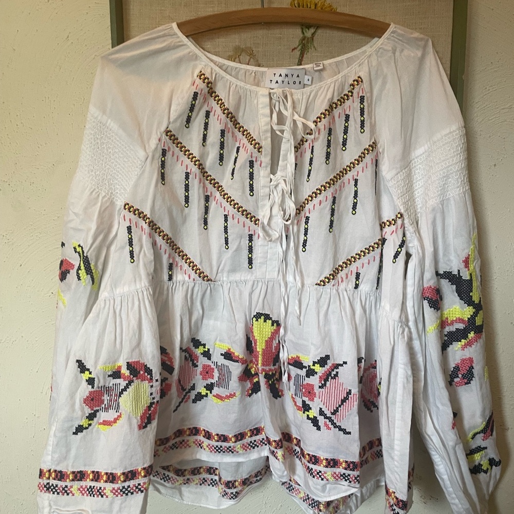 Tanya Taylor White Embroidered Boho Top